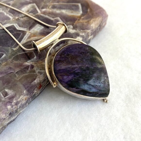 Sterling Silver 925 Teardrop Bezel Set Purple Charoite Pendant Necklace 20" - Picture 16 of 16